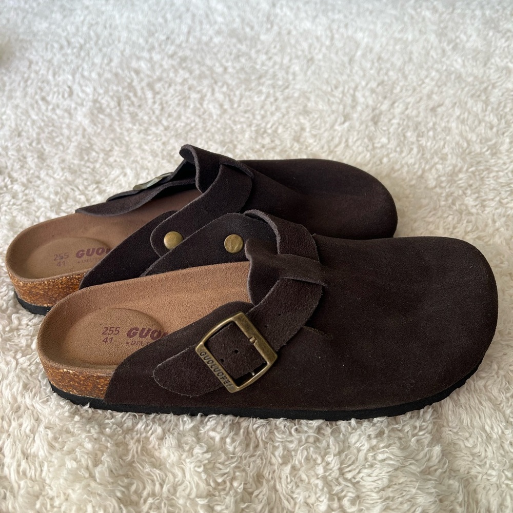 Dark brown suede clogs
